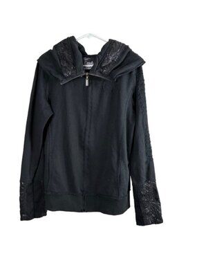 Vintage Y2K Crash & Burn Sequin Distressed Zip Cowl Hoodie Womens XL Grunge Goth